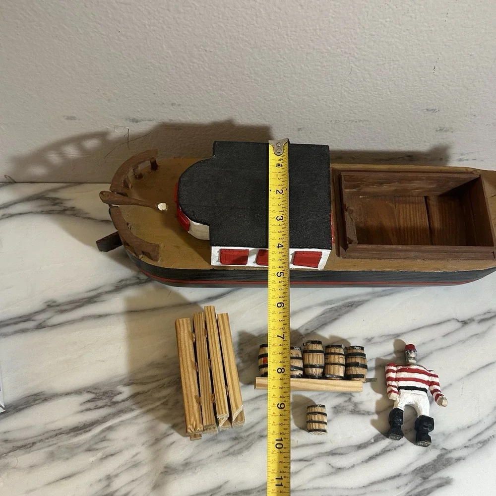 Handmade Vintage Freight Cargo Ship Boat Wooden‎ Toy W' Barrels Logs 15x5